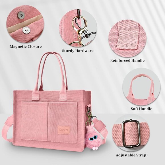 High-Quality Pink Canvas Handbag with Adjustable Straps and Multiple Pockets - Picture 4 of 6